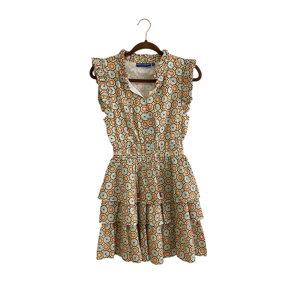 Ro's Garden Anthropologie Mosaic Print‎ Tiered Ruffle Mini Dress Size XS